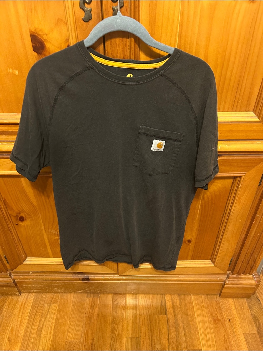 Carhartt Men’s Black Short-Sleeve Pocket Tee with Yellow Neck Trim